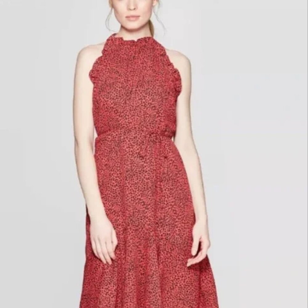 Who What Wear Red Black Leopard Cheetah Animal Print Ruffle Halter Dress